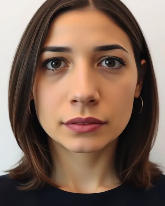 Çok yakından çekilmiş kadın; burnu büyümüş, başının üstü kadraja sığmamış.